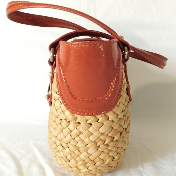 Medium Michael Kors Orange Patent Leather & Straw Tote Handbag Purse - Picture 6 of 13